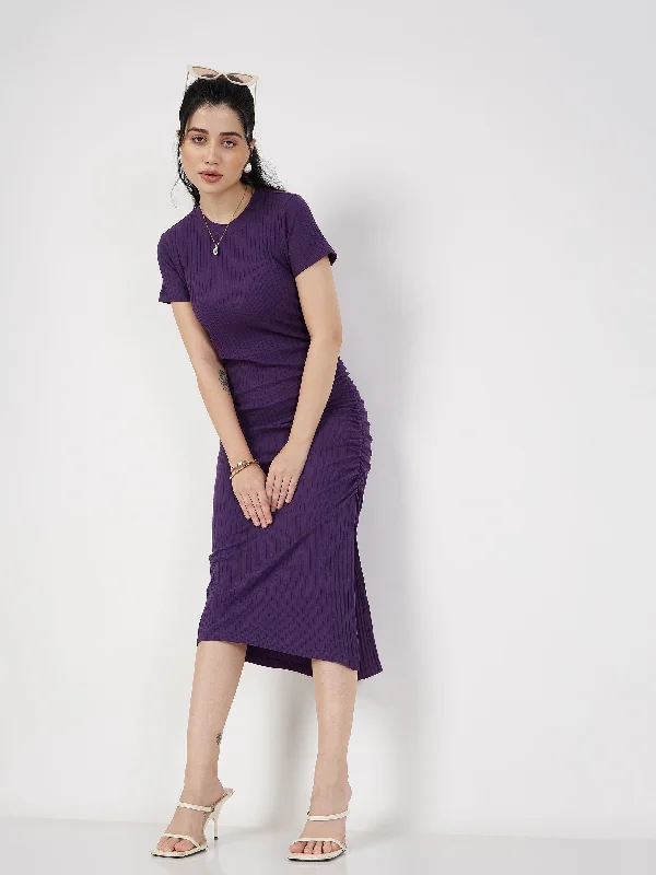 Women's Purple Rib Side Ruched Bodycon Maxi Dress - Lyush Stylish Maxi Dress with Frills Women's Purple Rib Side Ruched Bodycon Maxi Dress - Lyush Stylish Maxi Dress with Frills