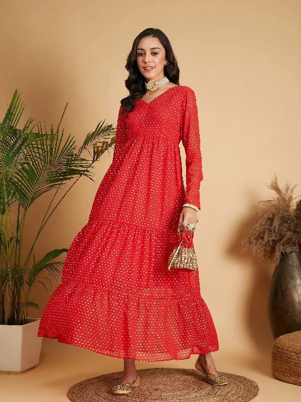 Women's Red Dot Foil Print Tiered Maxi Dress - Lyush Elegant Wraparound Maxi Dress