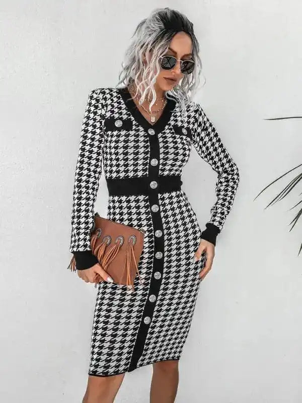 Women’s Button Up Bodycon Retro Checkered Knit Maxi Dress With Long Sleeves Comfortable Maxi Dress with Belt Women’s Button Up Bodycon Retro Checkered Knit Maxi Dress With Long Sleeves Comfortable Maxi Dress with Belt