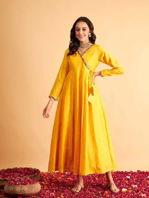 Women's Yellow Solid Wrap Neck Anarkali Maxi Dress - Lyush Trendy Short Sleeve Maxi Dress Women's Yellow Solid Wrap Neck Anarkali Maxi Dress - Lyush Trendy Short Sleeve Maxi Dress