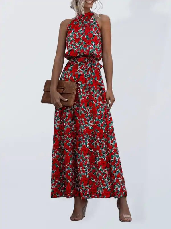Women’s Abstract Floral Halter Neck Maxi Dress Fashionable Asymmetrical Maxi Dress