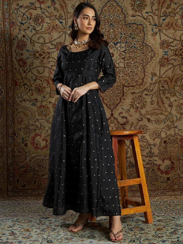Women's Black Jacquard Anarkali Maxi Dress - Lyush Cozy Maxi Dress with Slit