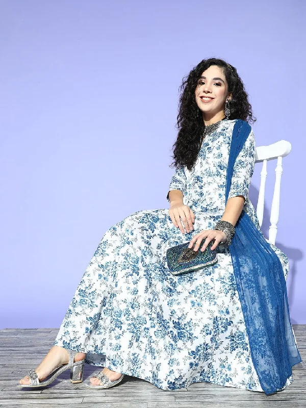 Women's Blue Floral Chanderi Attached Pallu Maxi Dress - Lyush Fashionable Button-Down Maxi Dress Women's Blue Floral Chanderi Attached Pallu Maxi Dress - Lyush Fashionable Button-Down Maxi Dress