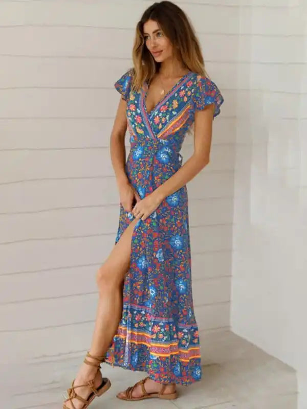 Women’s Bohemian Print Wrap Maxi Dress Stylish Maxi Dress with Pleats