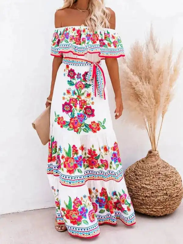 Women’s Embroidered Floral Off-the-shoulder Maxi Dress Comfortable Ruffle Hem Maxi Dress Women’s Embroidered Floral Off-the-shoulder Maxi Dress Comfortable Ruffle Hem Maxi Dress