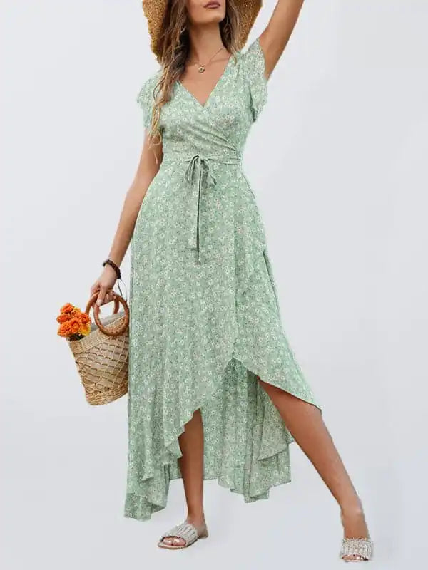 Women’s Floral Print Flutter Sleeve Wrap Maxi Dress Cozy Longline Maxi Dress