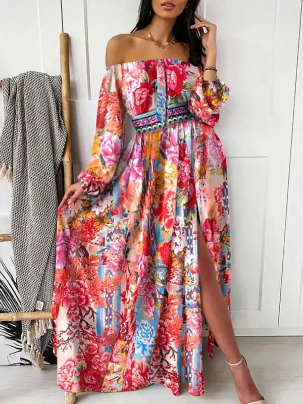 Women’s Floral Print The Shoulder Long Sleeve Maxi Dress Stylish Pleated A-Line Maxi Dress