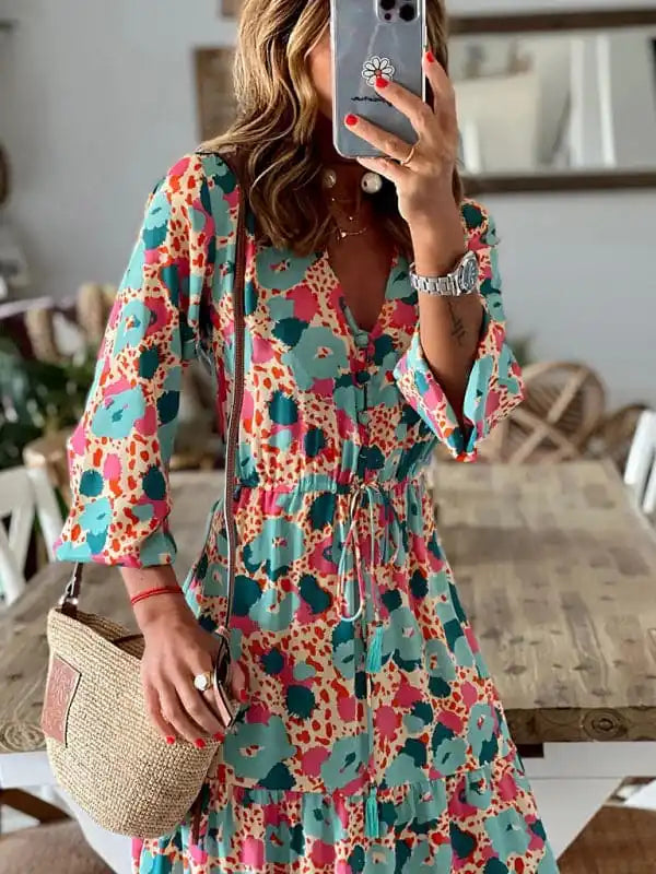 Women’s Floral Print Tiered Puff Ruffle Sleeve Maxi Dress Cozy Ruffle Sleeve Maxi Dress