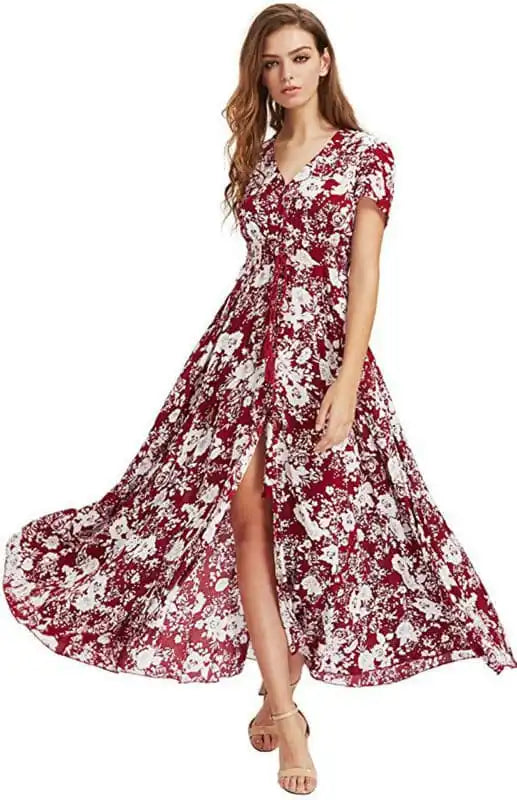 Women’s Floral Print V-Neck Split Maxi Dress Elegant Tiered Maxi Dress