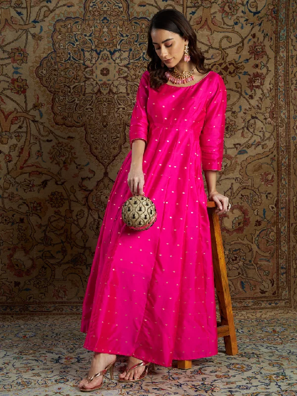 Women's Fuchsia Jacquard Anarkali Maxi Dress - Lyush Elegant Maxi Dress with Drapes