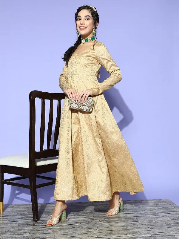 Women's Gold Chanderi Foil Anarkali Maxi Dress - Lyush Cozy Maxi Dress with Slit