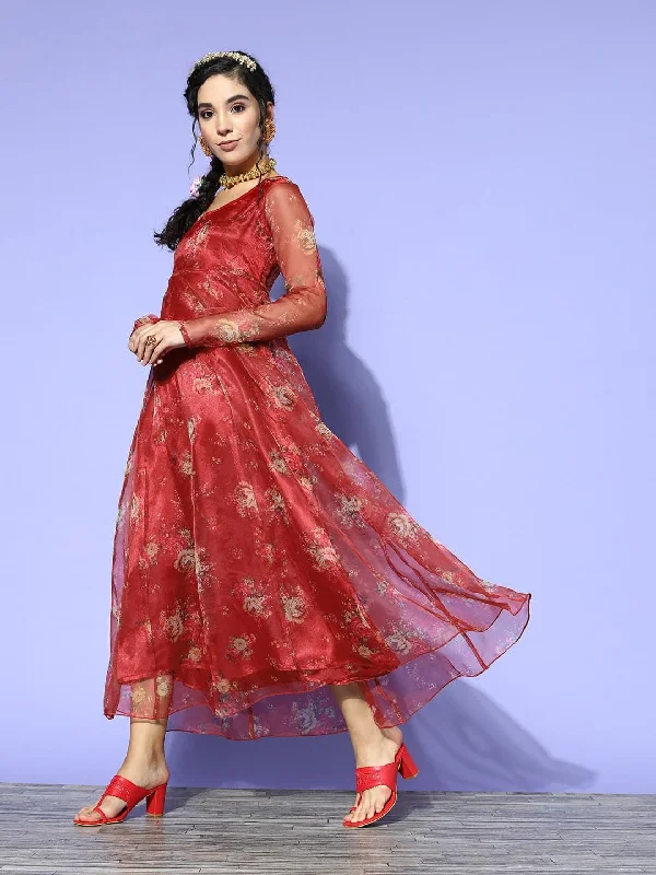 Women's Maroon Organza Floral Anarkali Maxi Dress - Lyush Classic Black Maxi Dress