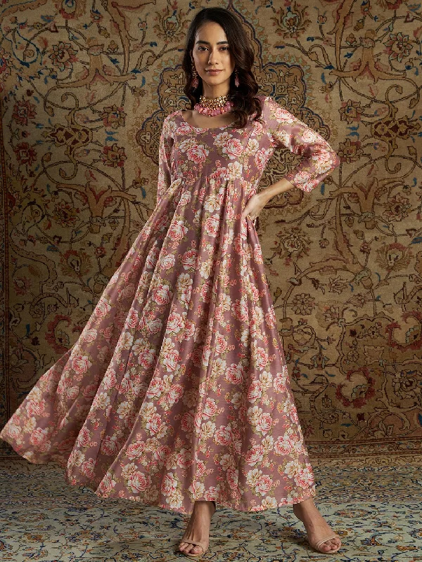 Women's Mauve Chanderi Floral Anarkali Maxi Dress - Lyush Casual Maxi Dress with Pockets