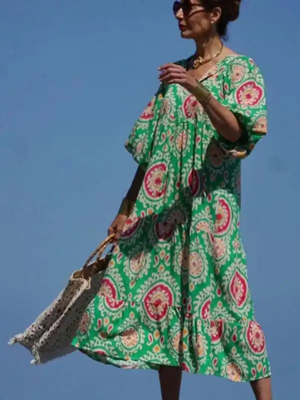 Women’s Geometric Print Puff-sleeve Maxi Dress Fashionable Sheer Maxi Dress