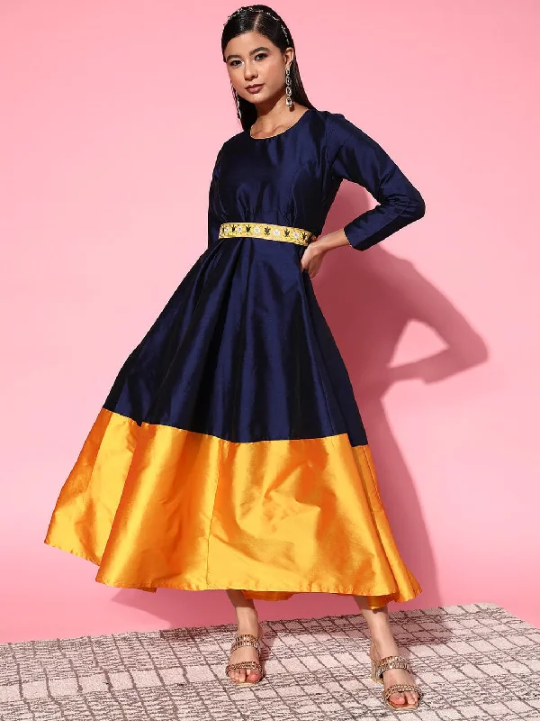 Women's Navy Contrast Border Anarkali Maxi Dress - Lyush Comfortable Long-Sleeve Maxi Dress Women's Navy Contrast Border Anarkali Maxi Dress - Lyush Comfortable Long-Sleeve Maxi Dress