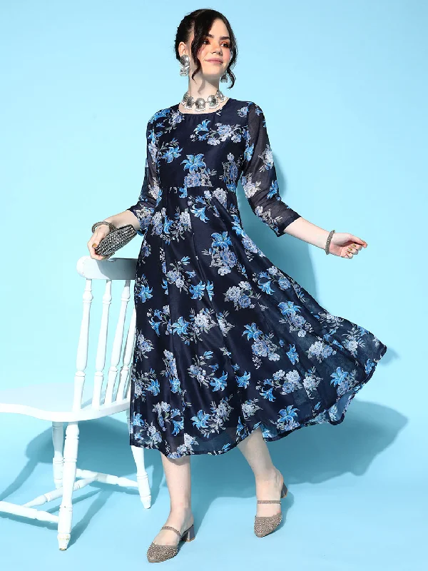 Women's Navy Floral Anarkali Maxi Dress - Lyush Comfortable Fitted Maxi Dress