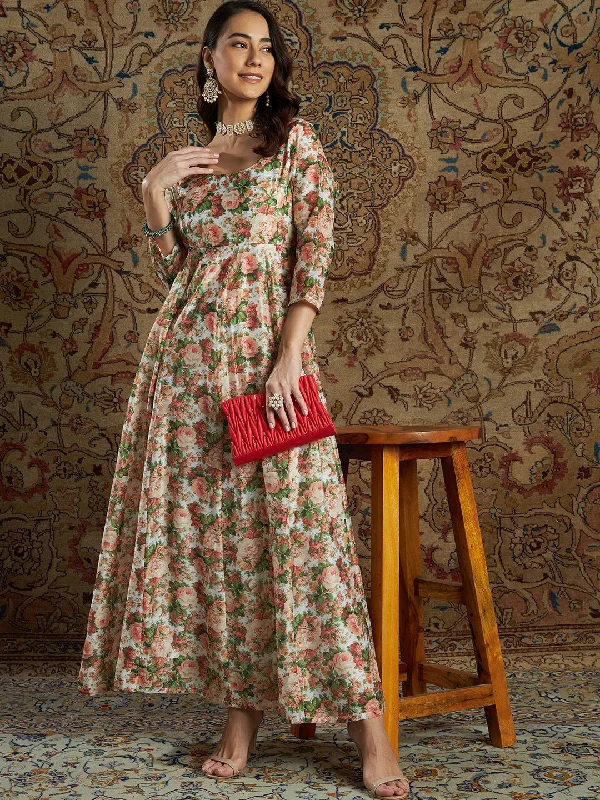 Women's Peach Chanderi Floral Anarkali Maxi Dress - Lyush Classic V-Neck Maxi Dress