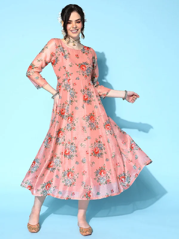 Women's Peach Floral Anarkali Maxi Dress - Lyush Elegant Maxi Dress with Belt
