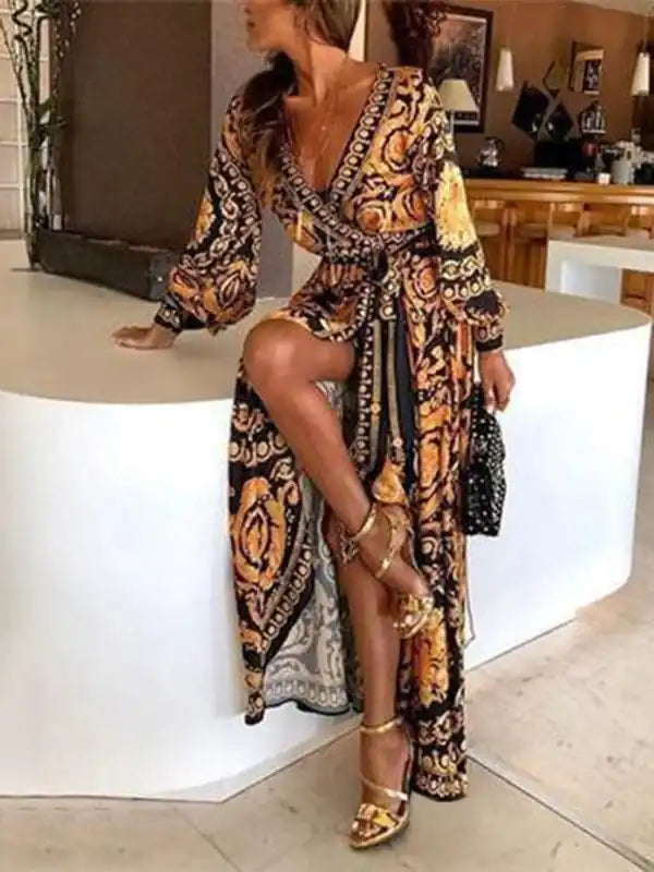Women’s Print Long Sleeve Wrap Maxi Dress Trendy Maxi Dress with Lace