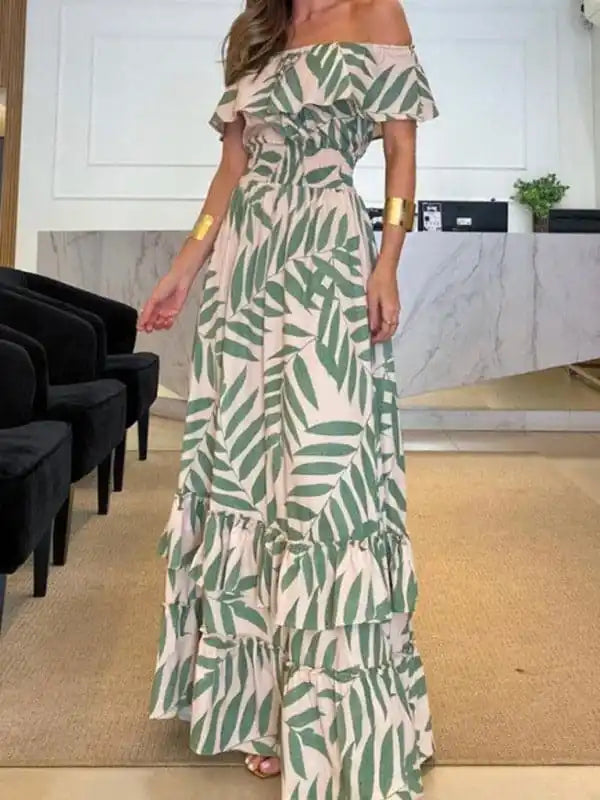 Women’s Printed Ruffle One-Shoulder Maxi Dress Trendy Button Front Maxi Dress