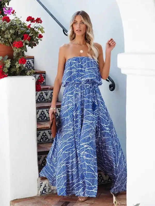Women’s Printed Strapless Cotton-Poplin Maxi Dress Comfortable Ruffle Maxi Dress