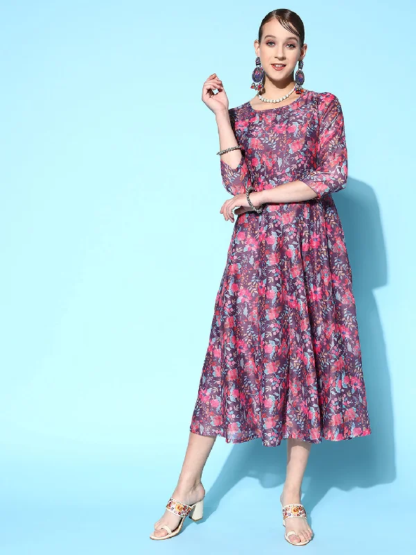 Women's Purple Floral Anarkali Maxi Dress - Lyush Chic Boho Print Maxi Dress