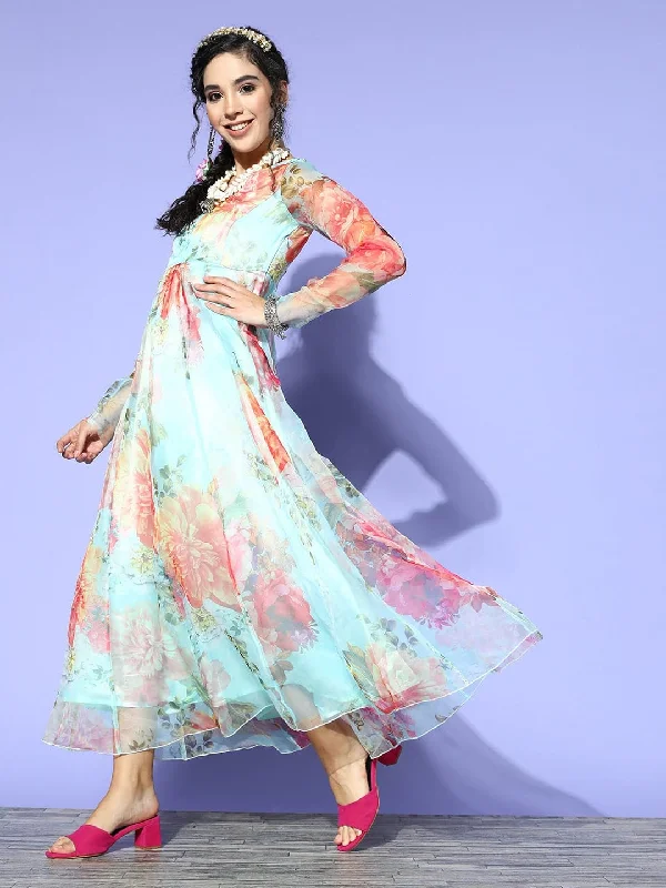 Women's Sea Green Organza Floral Anarkali Maxi Dress - Lyush Comfortable Pleated Maxi Dress Women's Sea Green Organza Floral Anarkali Maxi Dress - Lyush Comfortable Pleated Maxi Dress
