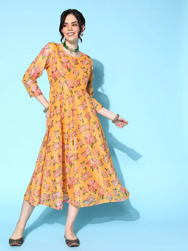 Women's Yellow Floral Anarkali Maxi Dress - Lyush Trendy Fit-and-Flare Maxi Dress