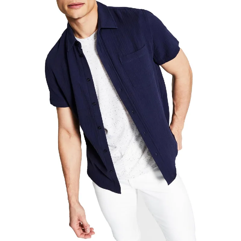 And Now This Mens Crinkle Point-Collar Button-Down Shirt Classic Solid Short Shirt