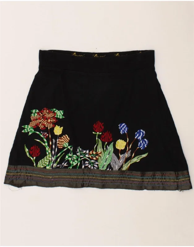 DESIGUAL Womens A-Line Skirt Small W32 Black Floral satin skirt smooth
