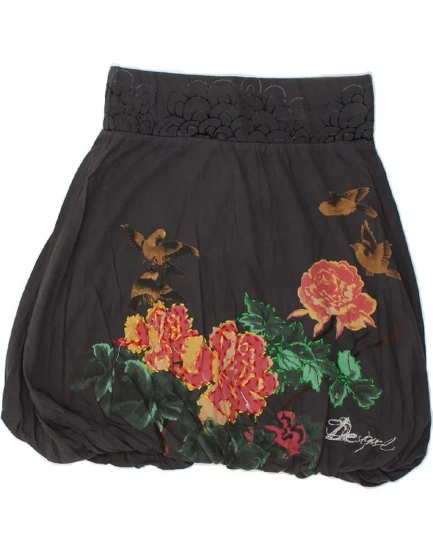 DESIGUAL Womens Bubble Skirt UK 8 Small W26 Grey Floral Cotton mini skirt trendy