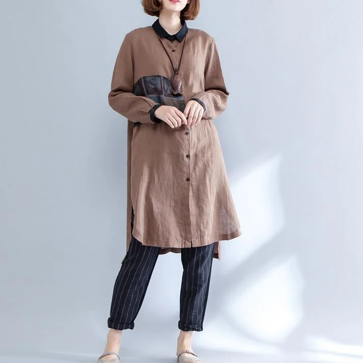 khaki patchwork linen blouse loose side open shirt long sleeve tops Trendy Floral Short Sleeve