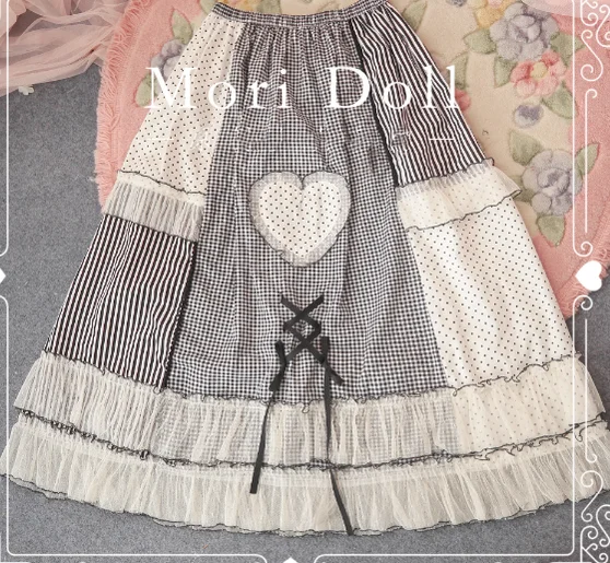 Mori Doll~Peach Tea~Sweet Lolita Dot and Stripe Print Skirt Multicolors flowy skirt hem Mori Doll~Peach Tea~Sweet Lolita Dot and Stripe Print Skirt Multicolors flowy skirt hem