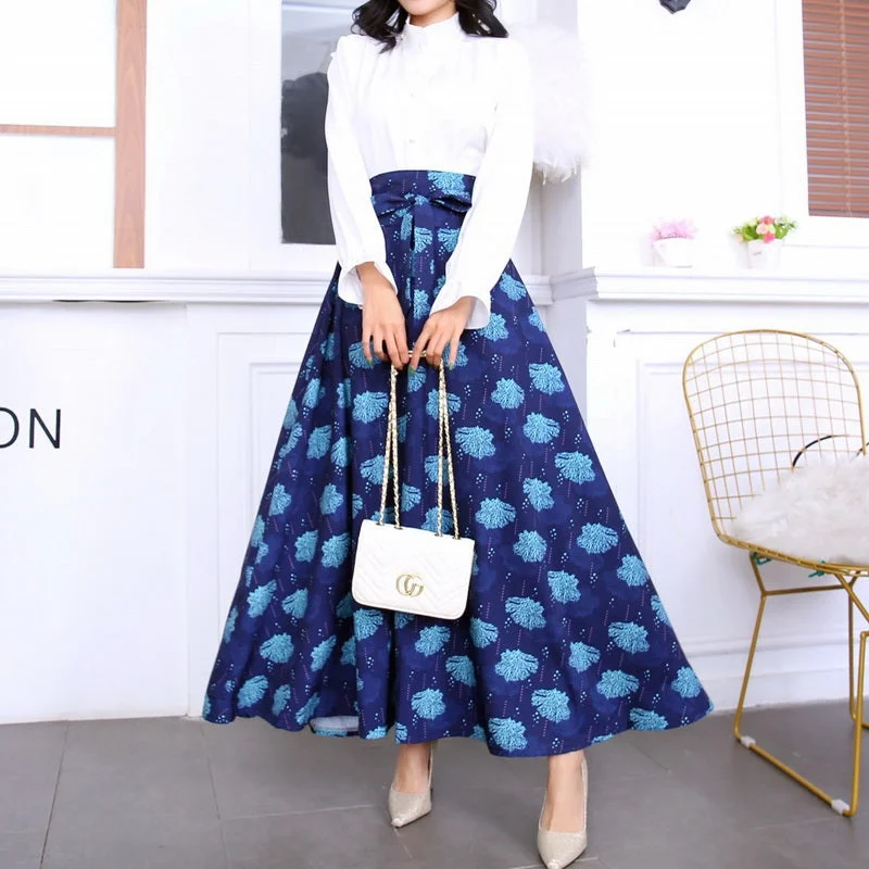 QRWR Elegant Ankle Length Summer Skirts Womens 2020 Floral High Waist Multi Color Vintage Casual Long Boho Skirts For Ladies silk skirt luxurious