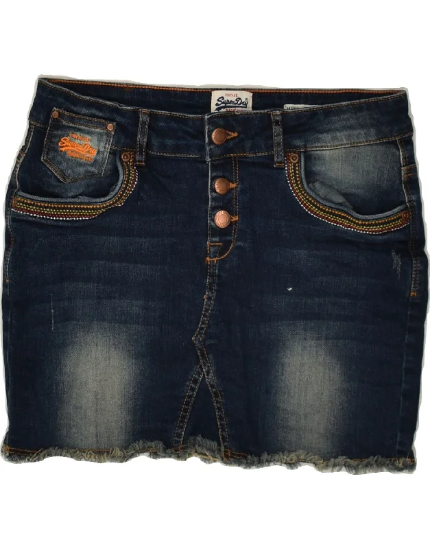 SUPERDRY Womens Denim Mini Skirt Medium W28 Navy Blue flowy skirt hem