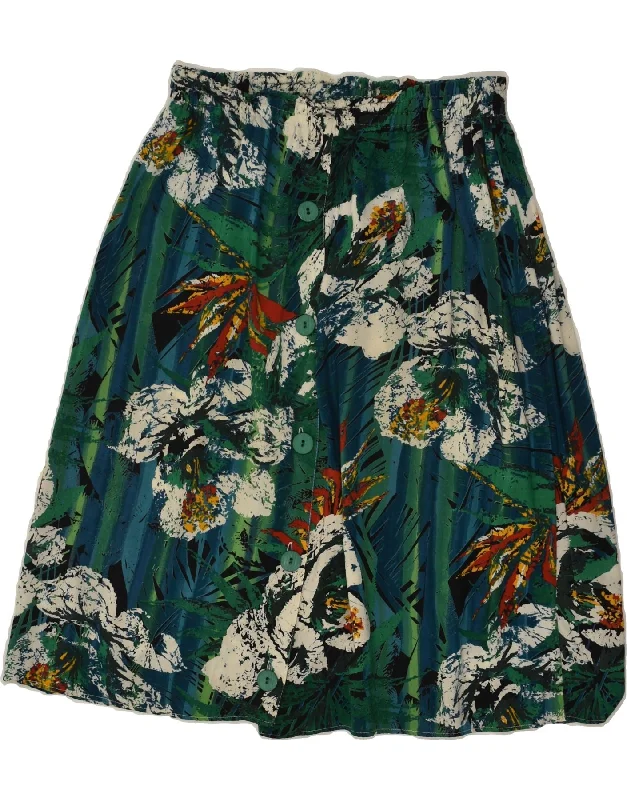 VINTAGE Womens A-Line Skirt UK 12 Medium W28  Green Floral Viscose low waist skirt