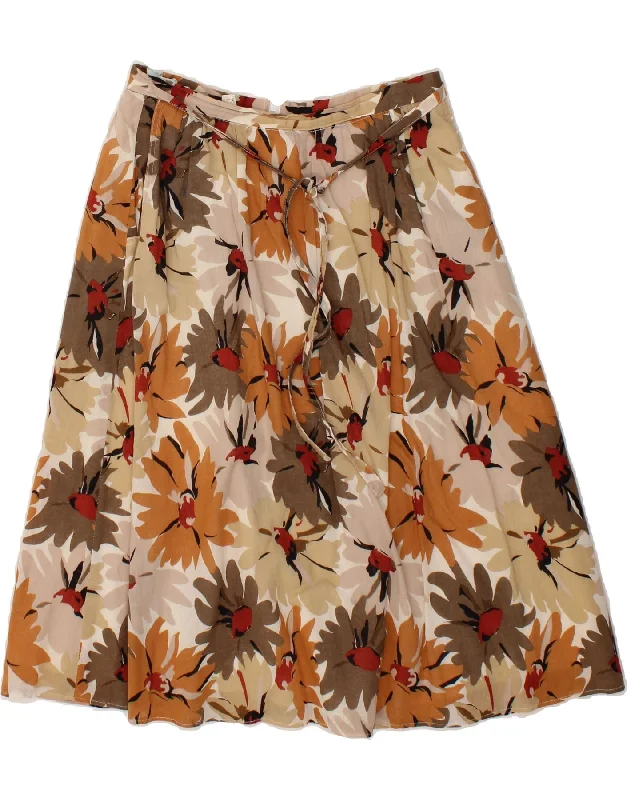 VINTAGE Womens Flared Skirt IT 42 Medium W30  Beige Floral Cotton denim skirt fashionable