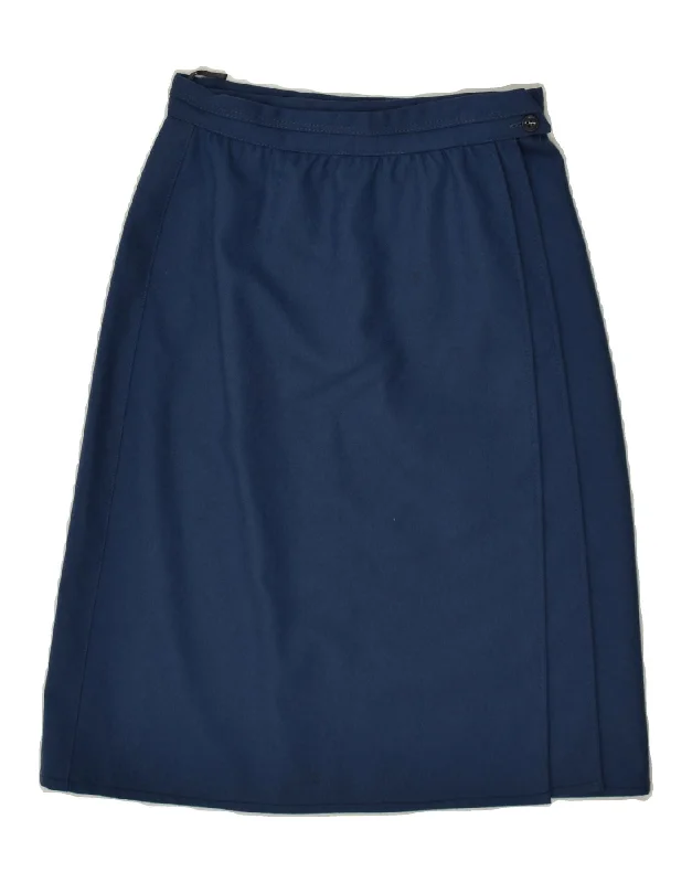 VINTAGE Womens Midi Skirt W24 XS Navy Blue Virgin Wool belted skirt waist