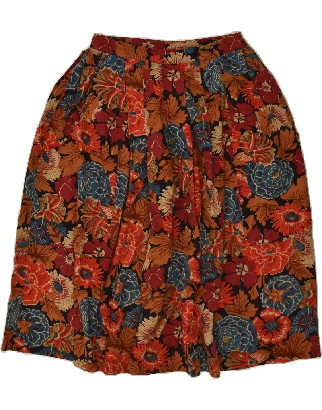 VINTAGE Womens Pleated Skirt W26 Small Brown Floral zip skirt side