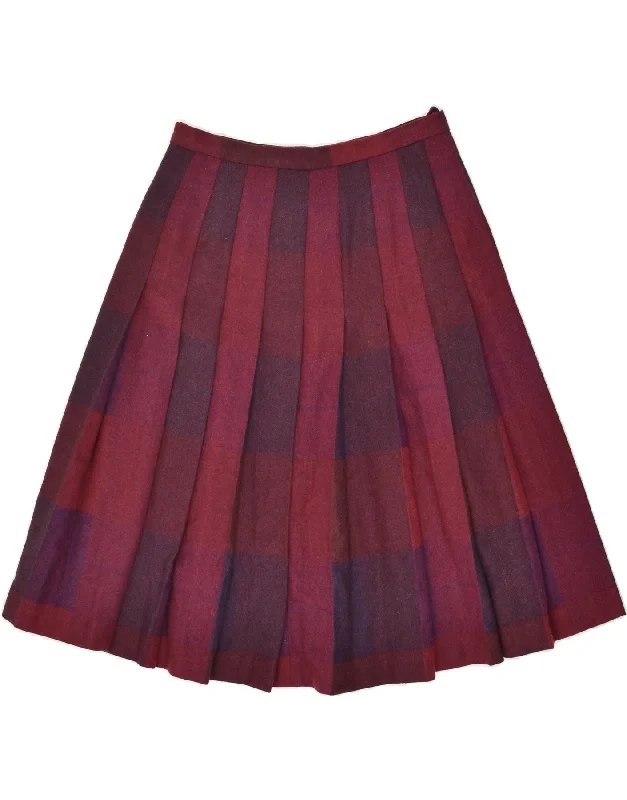VINTAGE Womens Pleated Skirt W28 Medium Maroon Check cashmere skirt fine