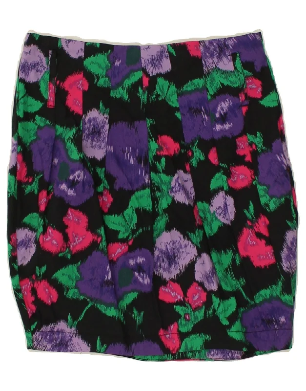 VINTAGE Womens Straight Skirt EU 34 XS W26  Black Floral Cotton elastic waist skirt