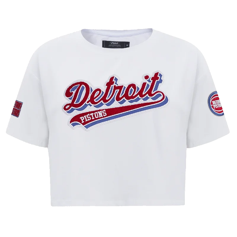 NBA DETROIT PISTONS SCRIPT TAIL WOMEN'S SJ BOXY TEE (WHITE) Satin Fabric Silk Fabric Chiffon Fabric