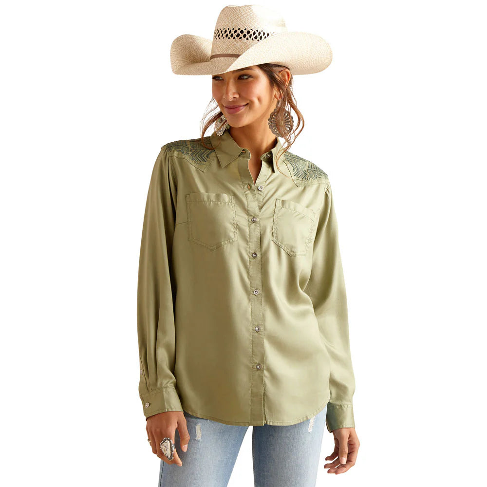 Ariat Wms Erika Long Sleeve Shirt Sage Green Relaxed Fit Short Blouse