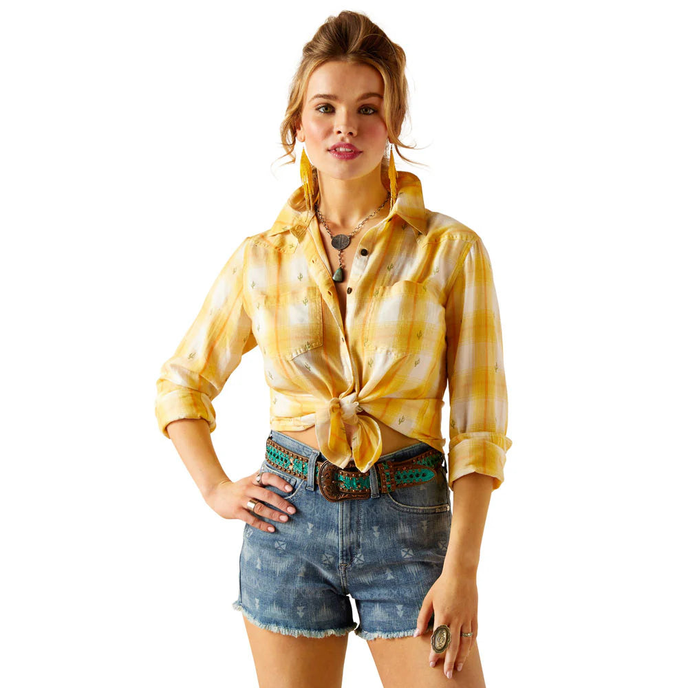 Ariat Wms REAL Billie Jean Long Sleeve Shirt Cactus Plaid Stylish Crew Neck Shirt