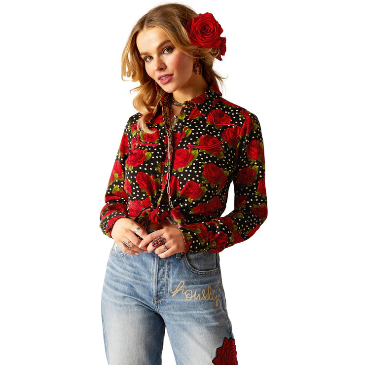 Ariat Wms Rodeo Quincy Retro Rose Shirt Punchy Polkadot Trendy Short Sleeve Tunic