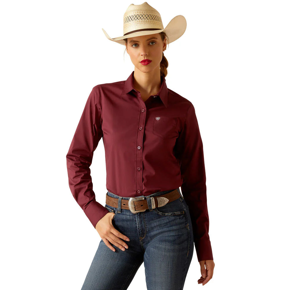Ariat Wms Wrinkle Resistant Kirby LS Shirt Burgundy Stylish Short Sleeve Top