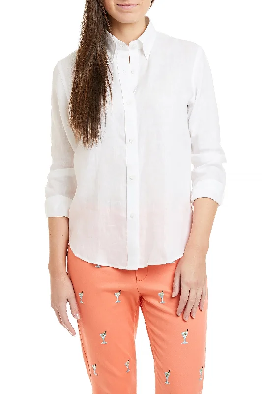 Ladies Button Down Shirt White Linen Elegant Longline Short Shirt