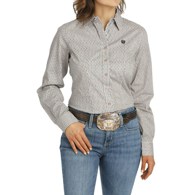 Cinch Wmns Geometric Print Button Down Shirt - Pink/Blue Relaxed Fit Short Blouse