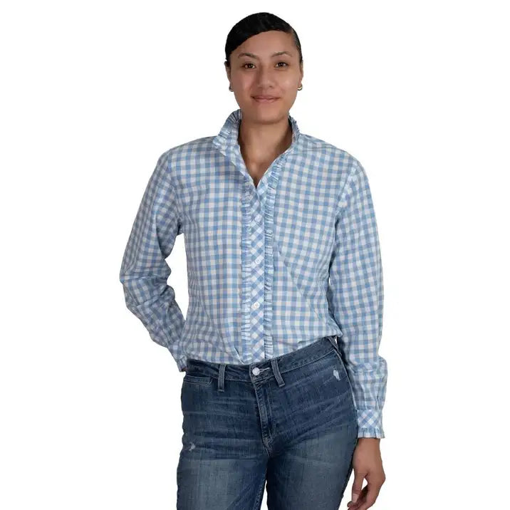 Just Country Wms Abbey Frills Full Button Print Workshirt Blue Check Relaxed Fit Short Tunic