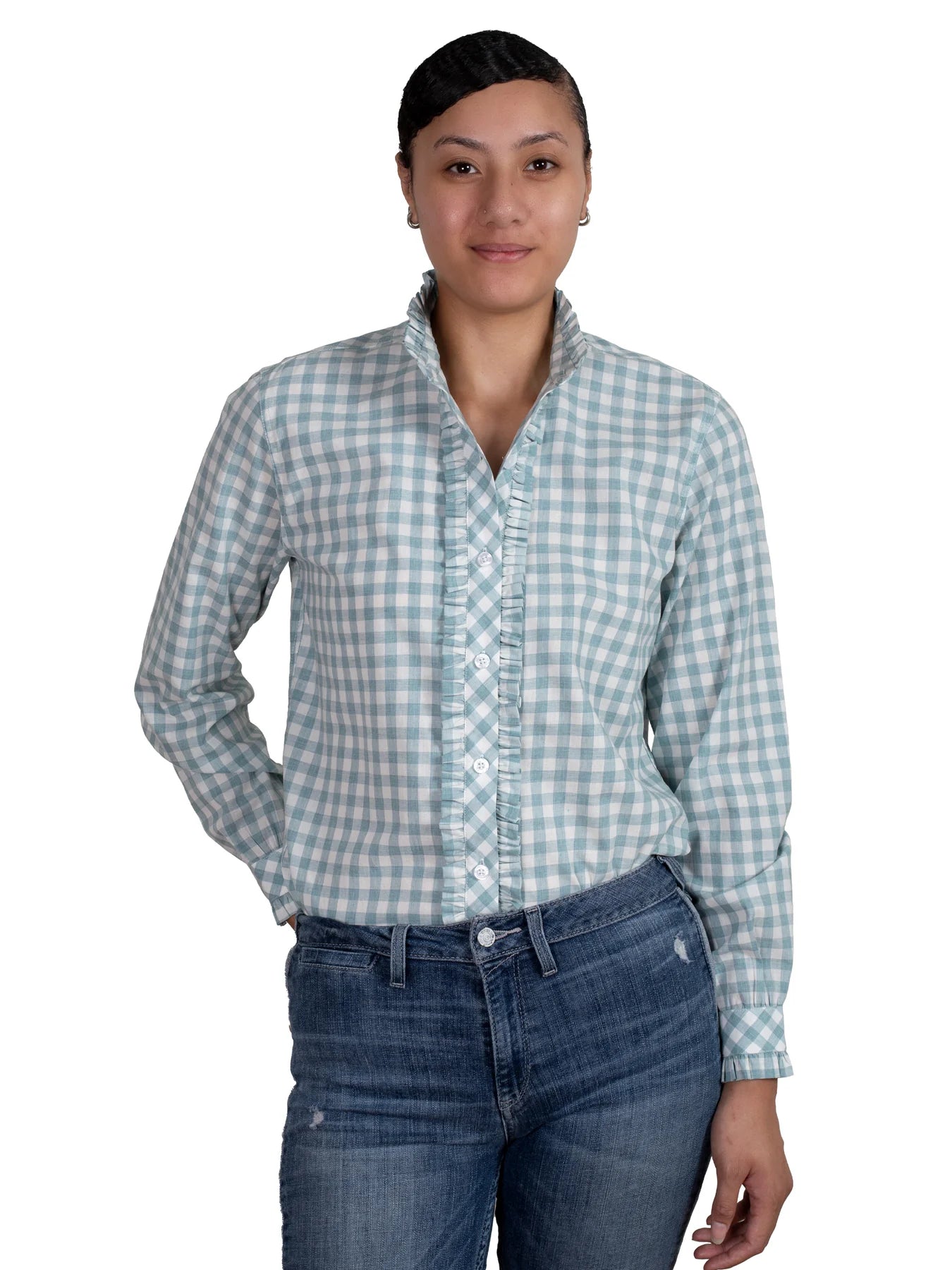 Just Country Wms Abbey Frills Full Button Print Workshirt Dusty Turquoise Check Soft Silk Short Sleeve